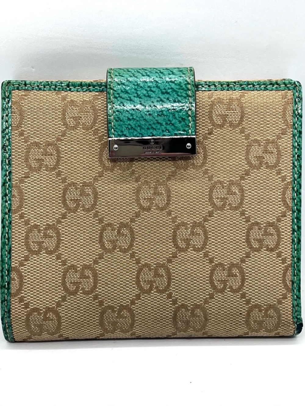 Gucci GG Canvas Wallet Green Leather Trim Compact Italy COA - Picture 5 of 16